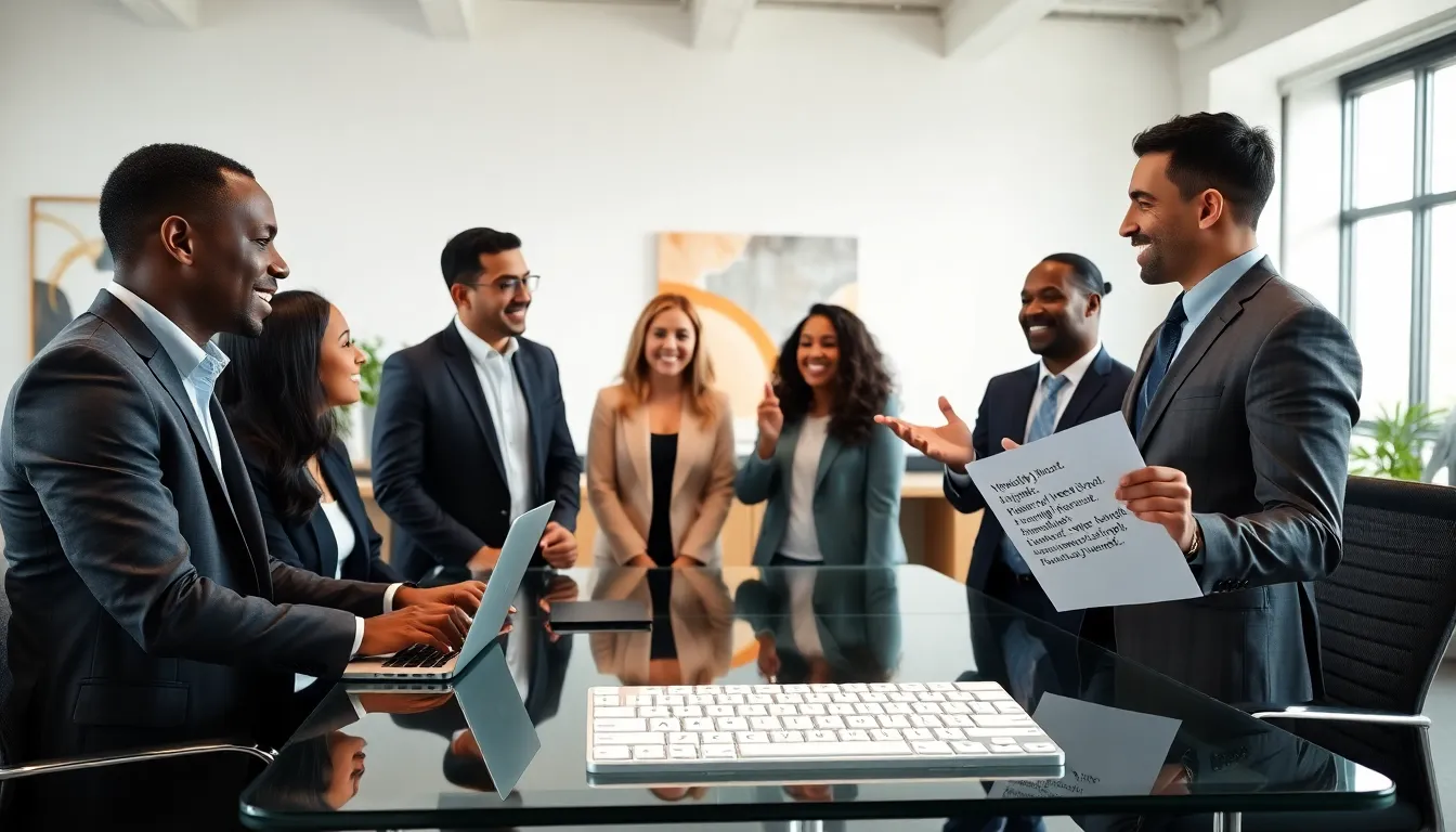 diverse team humorously discussing keyboard layouts in a modern office.